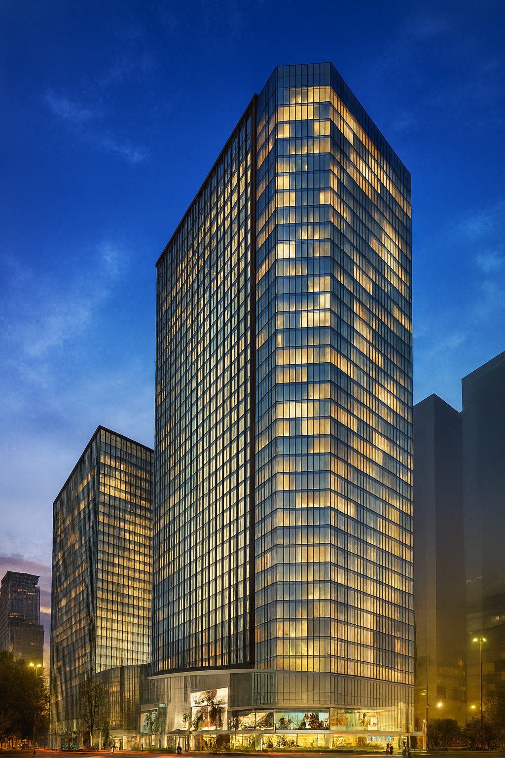 High Street South Corporate Plaza Tower 2 at dusk (BGC)